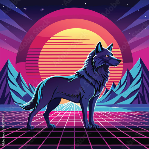 Cyberpunk Wolf Art – Neon Retro Futuristic Animal Design in Synthwave Style