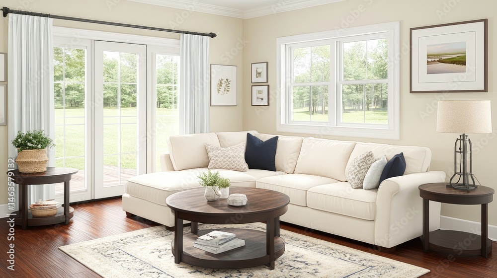 Fototapeta premium Cozy modern living room with sectional sofa.
