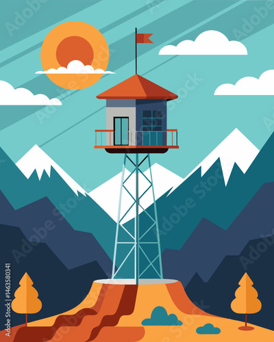 Tucked away in a remote mountain range a solarpowered tower supports emergency communication in case of natural disasters providing a crucial link for those in need.. Vector illustration