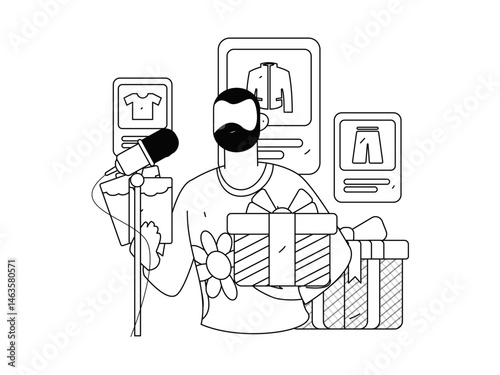 Internet celebrity live broadcast with goods vector internet hand drawn illustration
