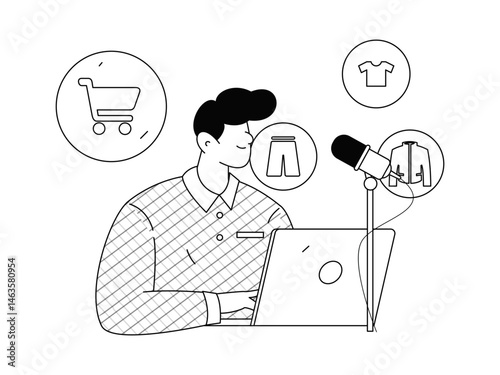 Internet celebrity live broadcast with goods vector internet hand drawn illustration
