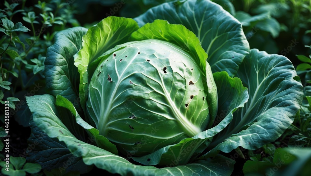 Fototapeta premium Damaged Cabbage Foliage in Natural Farm Setting