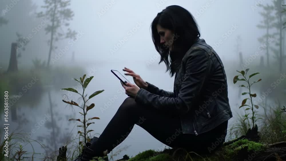 Woman Using Tablet Device by Misty Lake in Nature
