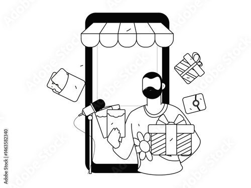 Internet celebrity live broadcast with goods vector internet hand drawn illustration
