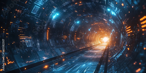 Fototapeta Naklejka Na Ścianę i Meble -  Futuristic technology tunnel with glowing lights and intricate circuit details for innovative designs