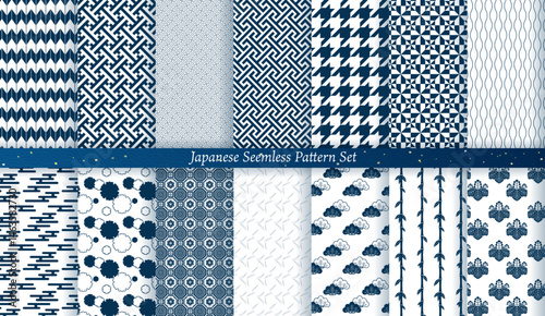 Japanese Seamless Pattern Set of 14 Designs Including Yagasuri, Sayagata, Koji-tsunagi, Chidori-goshi, and More, for textile, background, kimono, and decoration design