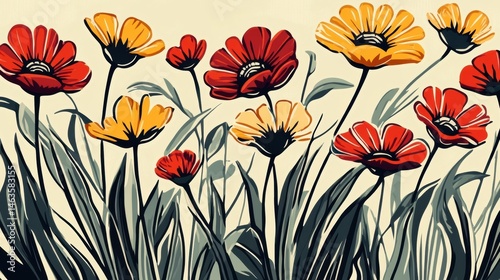 Cluster of red, orange, and yellow flowers with dark green wavy leaves on light beige background. Flat minimalistic style
