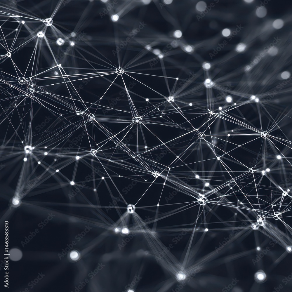 Fototapeta premium Abstract network connection with lines and dots forming a complex structure in a dark background close up view