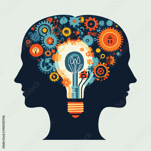 Vector of two human heads made of gears with light bulb shape inside, vector style simple color