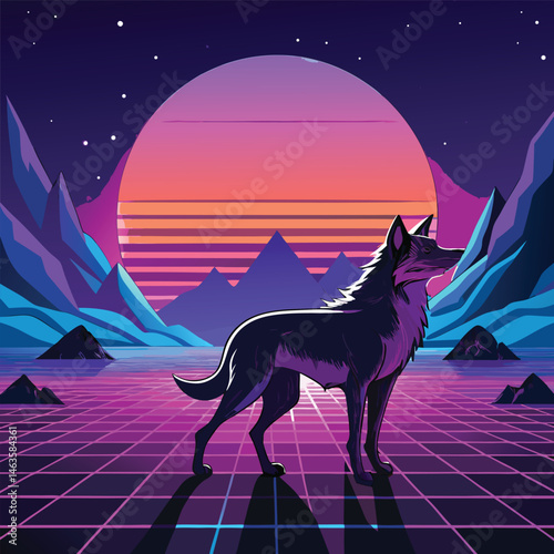 Cyberpunk Wolf Art – Neon Retro Futuristic Animal Design in Synthwave Style