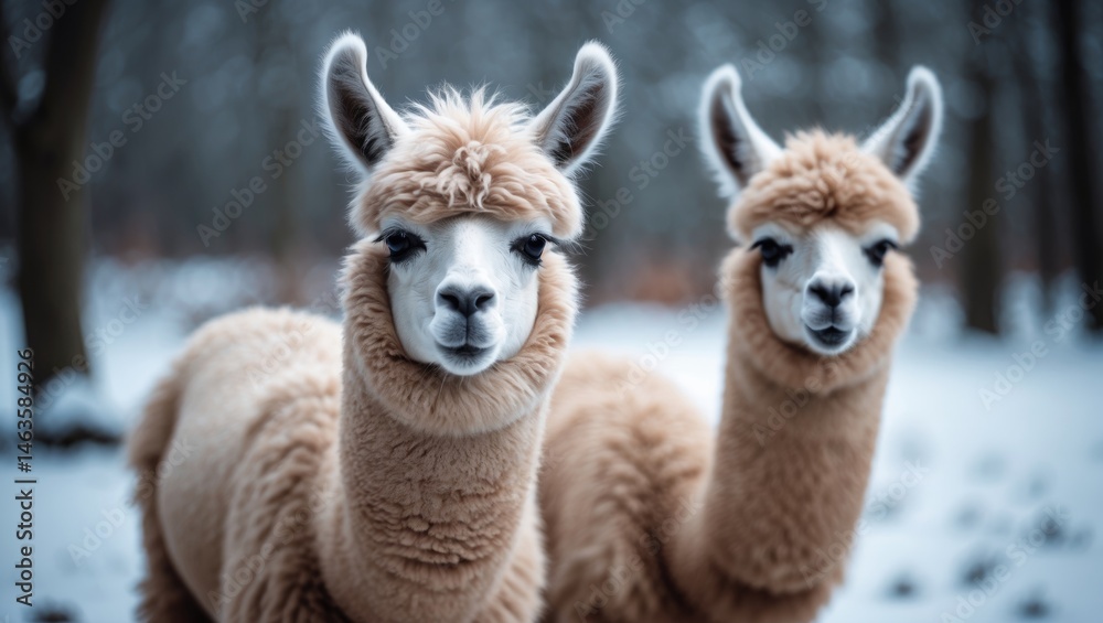 Obraz premium Adorable fluffy crias in snowy farm setting