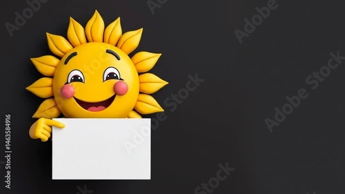 3d cartoon illustration of a sun with smiling expression is holding a blank white cardboard mockup which represents summer