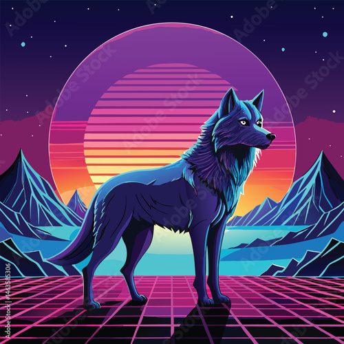 Cyberpunk Wolf Art – Neon Retro Futuristic Animal Design in Synthwave Style