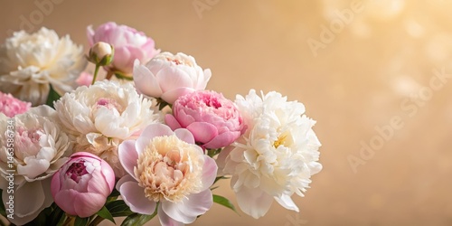 Fototapeta Naklejka Na Ścianę i Meble -  Soft focus on pastel pink and white peonies against a warm beige background, pastel colors
