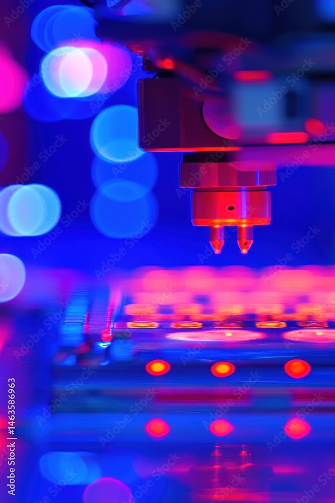 Automated laboratory machine in operation close up in blue and red light for medical research and development with robotic arm