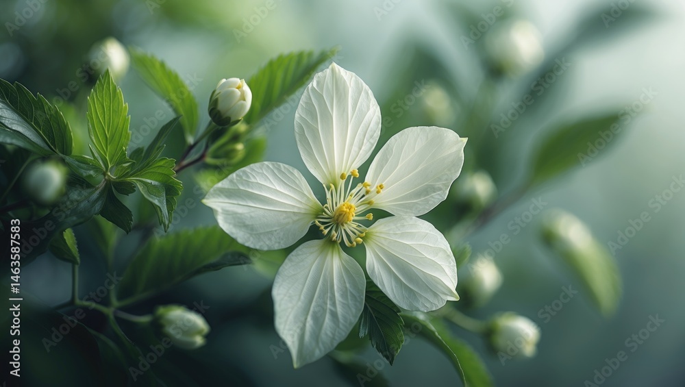 Fototapeta premium Springtime white blackberry blossoms in close-up with lush green foliage