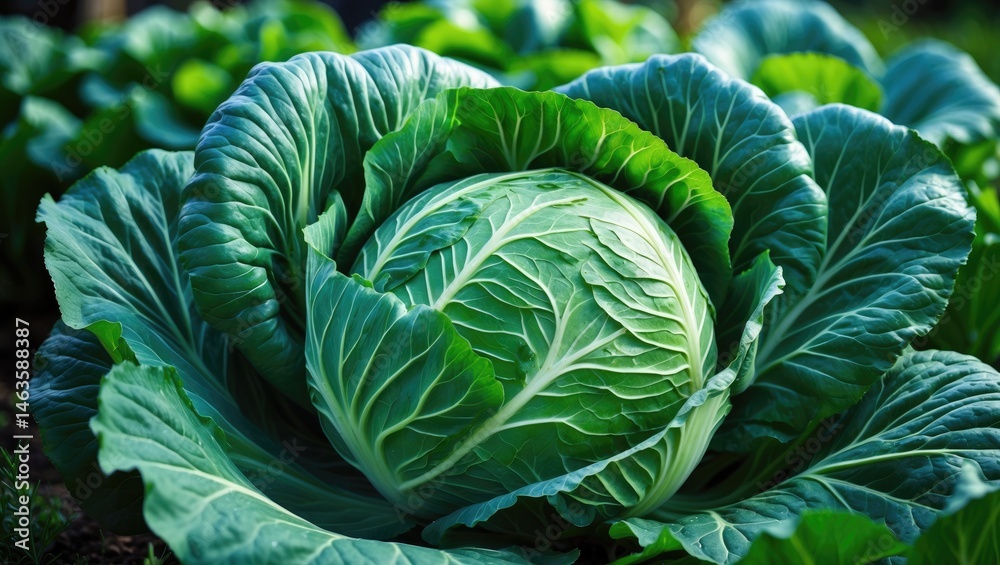 Obraz premium Close-up of big green cabbage in a natural garden setting