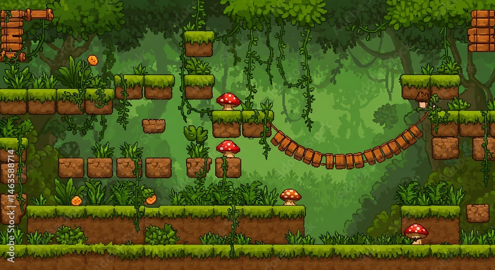Fototapeta premium Pixel Art Jungle Level Design for a Platformer Game
