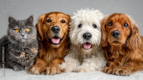 View of cats and dogs being friends on white background