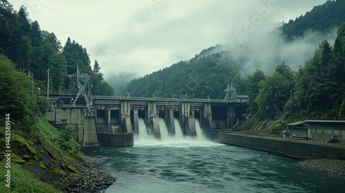Hydroelectric dam releasing water in a lush green mountain valley on a cloudy day in Japan scenic landscape