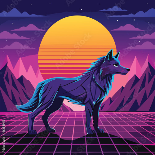 Cyberpunk Wolf Art – Neon Retro Futuristic Animal Design in Synthwave Style