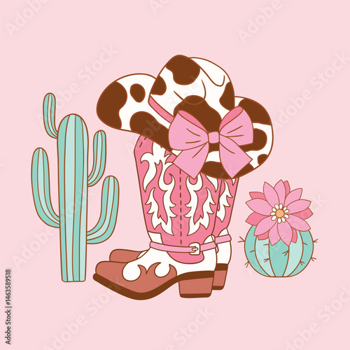 Western cowgirl boots with succulent and cactus arrangement. Hand drawn vector girly rodeo clipart. Perfect for sticker, tee shirt logo, greeting card, poster or nursery print design. 