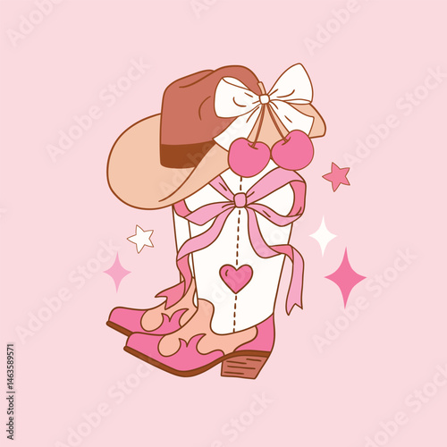 Western cowgirl boots and hat with bow. Hand drawn vector girly rodeo clipart. Perfect for sticker, tee shirt logo, greeting card, poster or nursery print design. EPS 10 vector file.