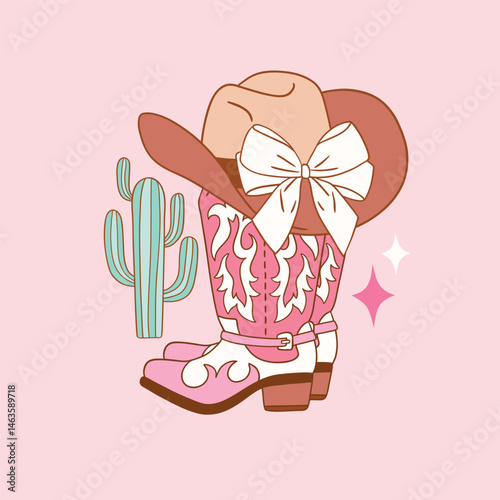 Western cowgirl boots with succulent and cactus arrangement. Hand drawn vector girly rodeo clipart. Perfect for sticker, tee shirt logo, greeting card, poster or nursery print design. 