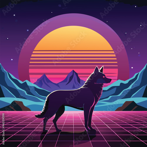 Cyberpunk Wolf Art – Neon Retro Futuristic Animal Design in Synthwave Style