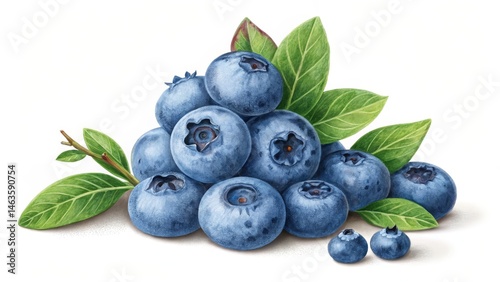 Watercolor Blueberry Pile Composition of Juicy Berries with Leaves, Digital Painting, Food Illustration, Blueberry Illustration Blueberries, Watercolor