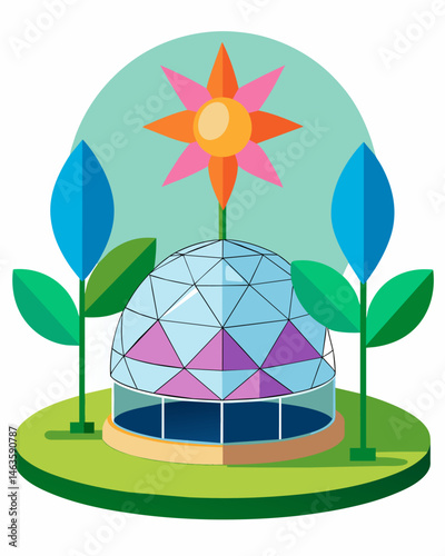An interactive installation where visitors can design and place their own solar panel petals on a dome structure contributing to its colorful and everchanging appearance.. Vector illustration