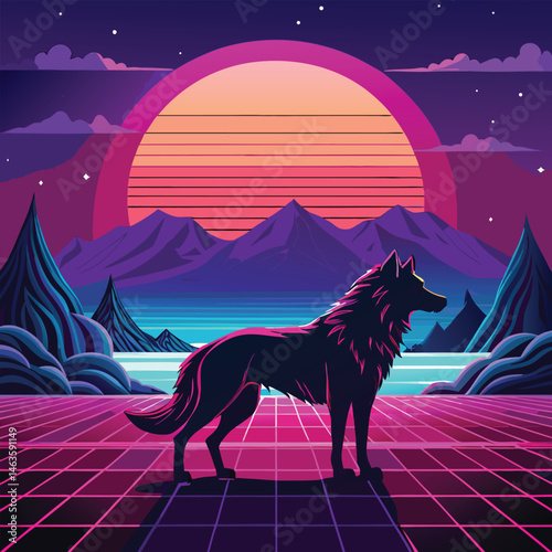 Cyberpunk Wolf Art – Neon Retro Futuristic Animal Design in Synthwave Style