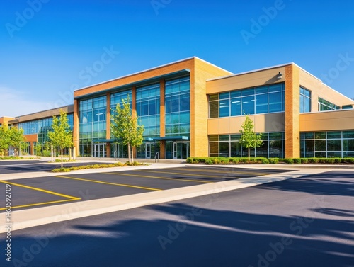 Wallpaper Mural Modern corporate office building exterior daytime front view with parking lot under clear blue sky in suburban setting Torontodigital.ca
