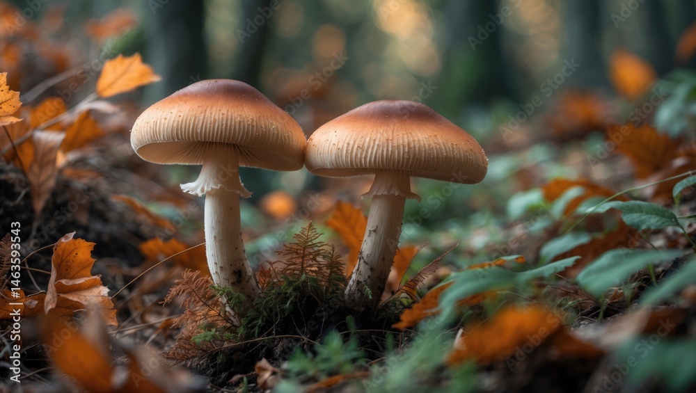 Fototapeta premium Detailed view of edible fungi thriving on an old tree stump in the woods