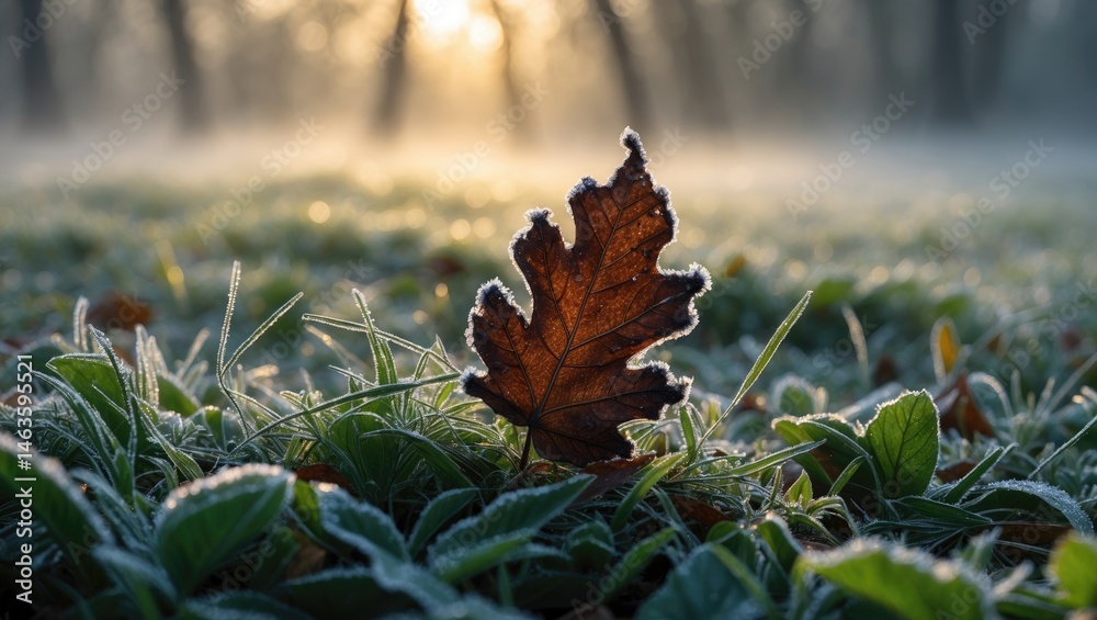 Obraz premium Cold sunny morning during late autumn with leaves blanketed by the first frost