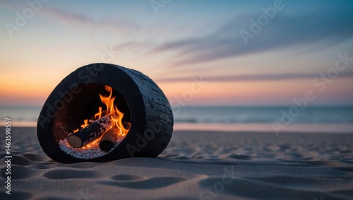 Fototapeta Naklejka Na Ścianę i Meble -  Evening beach landscape with bonfire and vibrant sky