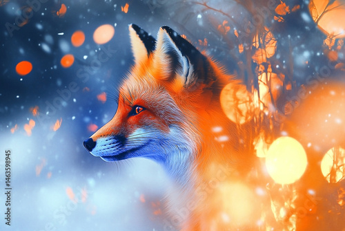 Fox in a Dreamlike Winter Forest: Artistic Render with Bokeh and Snowfall