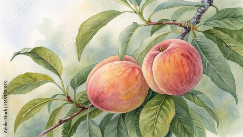 Watercolor Peach Branch Painting Two Peaches on Tree, Botanical Illustration, Summer Fruit, Watercolor art, Peach painting, fruits Peach, Watercolor
