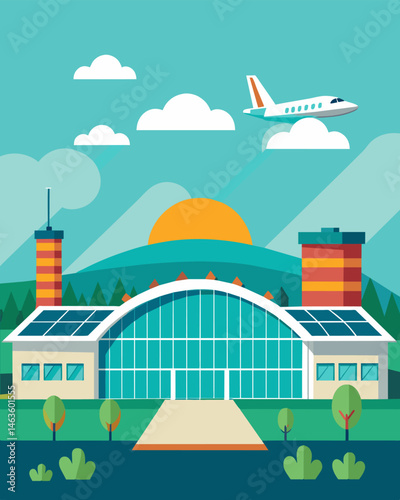 These airport hangars are not your average structures with solar panels adorning their roofs they are leading the way in sustainable aviation.. Vector illustration