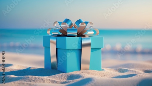 Fototapeta Naklejka Na Ścianę i Meble -  Sand and sea themed gift box with ribbon for beach birthday