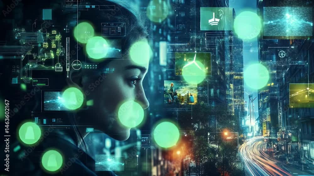 Futuristic cityscape overlaid with digital interface. Woman profile Futuristic cityscape overlaid with digital interface. Woman profile