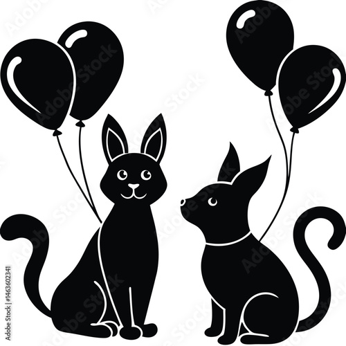 Delightful graphic of beloved pets, a whimsical cat and dog, celebrating a special occasion with vibrant balloons.