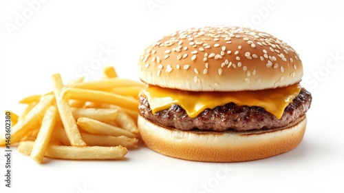 Appetizing Cheeseburger and Fries Delight on a Clean White Backdrop