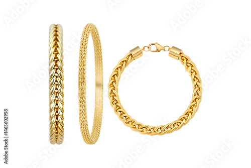 Three golden bracelets on a neutral background, showcasing a variety of styles transparent background