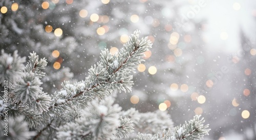 Snow Falling on Evergreen Branch with Bokeh Lights Background