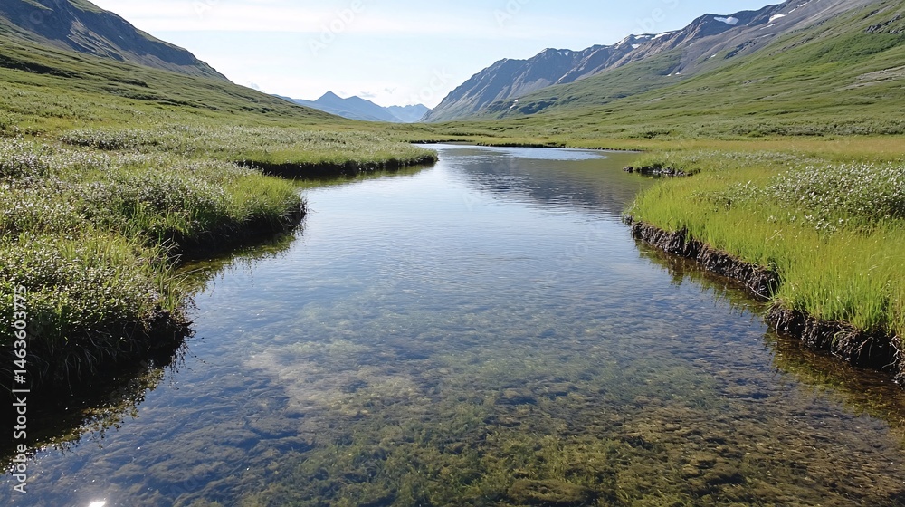 Fototapeta premium Serene Tundra Landscape Reflecting Clear Blue Sky and Tranquil Water