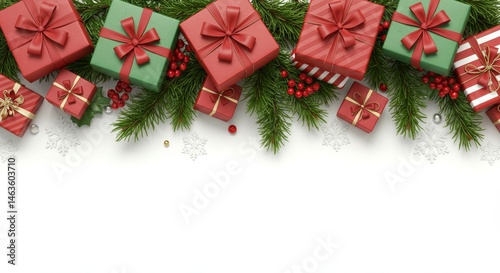 Arrangement of Gift Boxes and Evergreen Branches on White