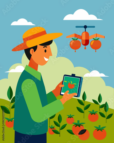 With the buzz of a solarpowered drone above a farmer checked his tablet which displayed a livefeed of aerial images monitoring the health of his tomato plants in realtime.. Vector illustration