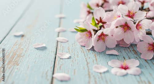 Blooming Flowers on a Distressed Blue Wooden Surface with Fallen Petals