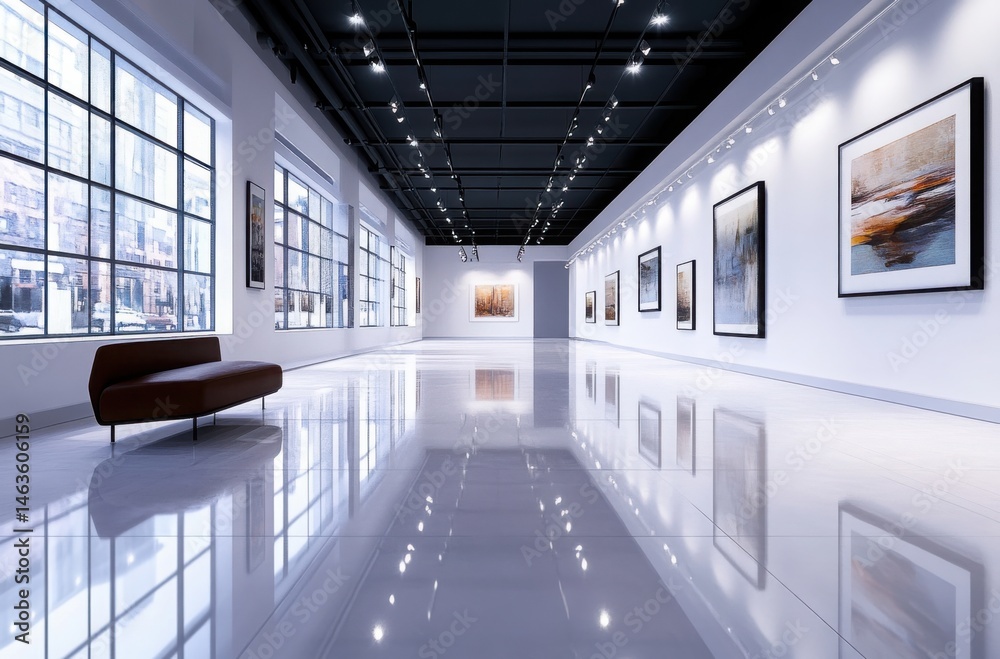 Fototapeta premium Photorealistic 3D rendering of an upscale art gallery